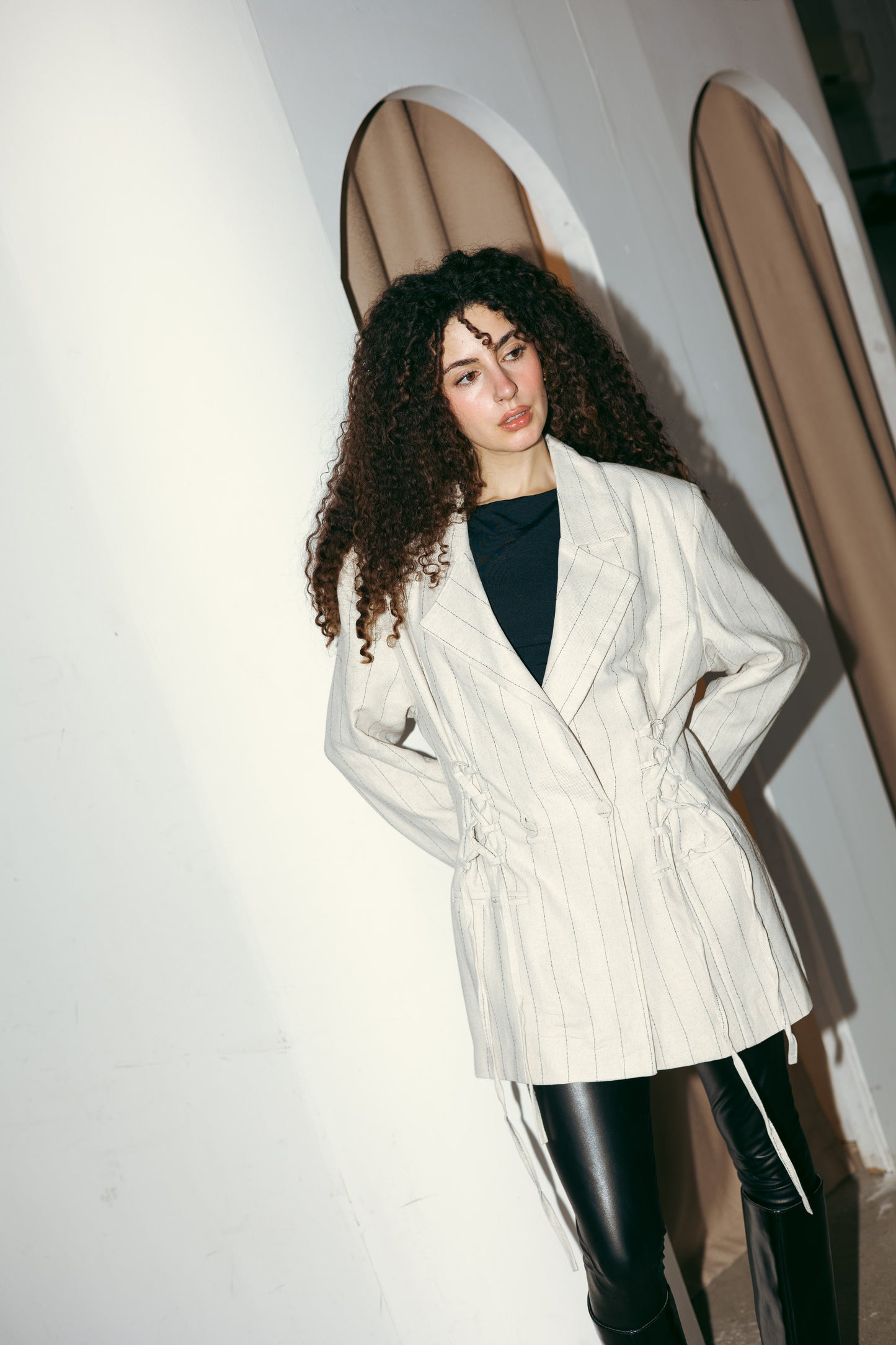 Side Lace up Blazer in Off-white