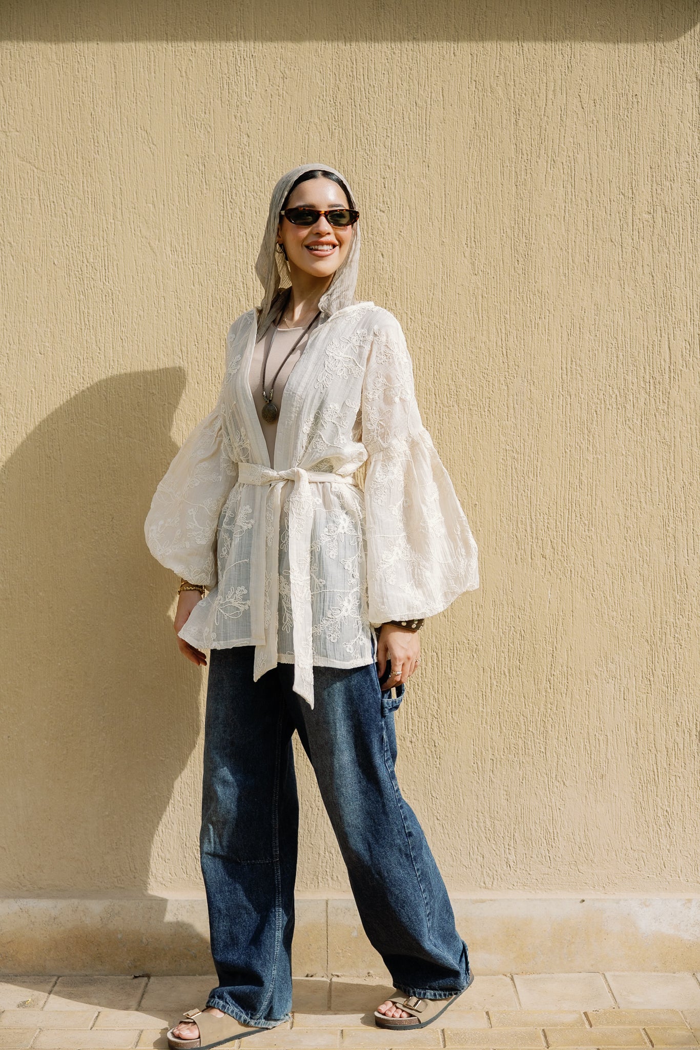 Puffy embroidered cardigan in Cream