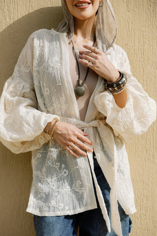 Puffy embroidered cardigan in Cream