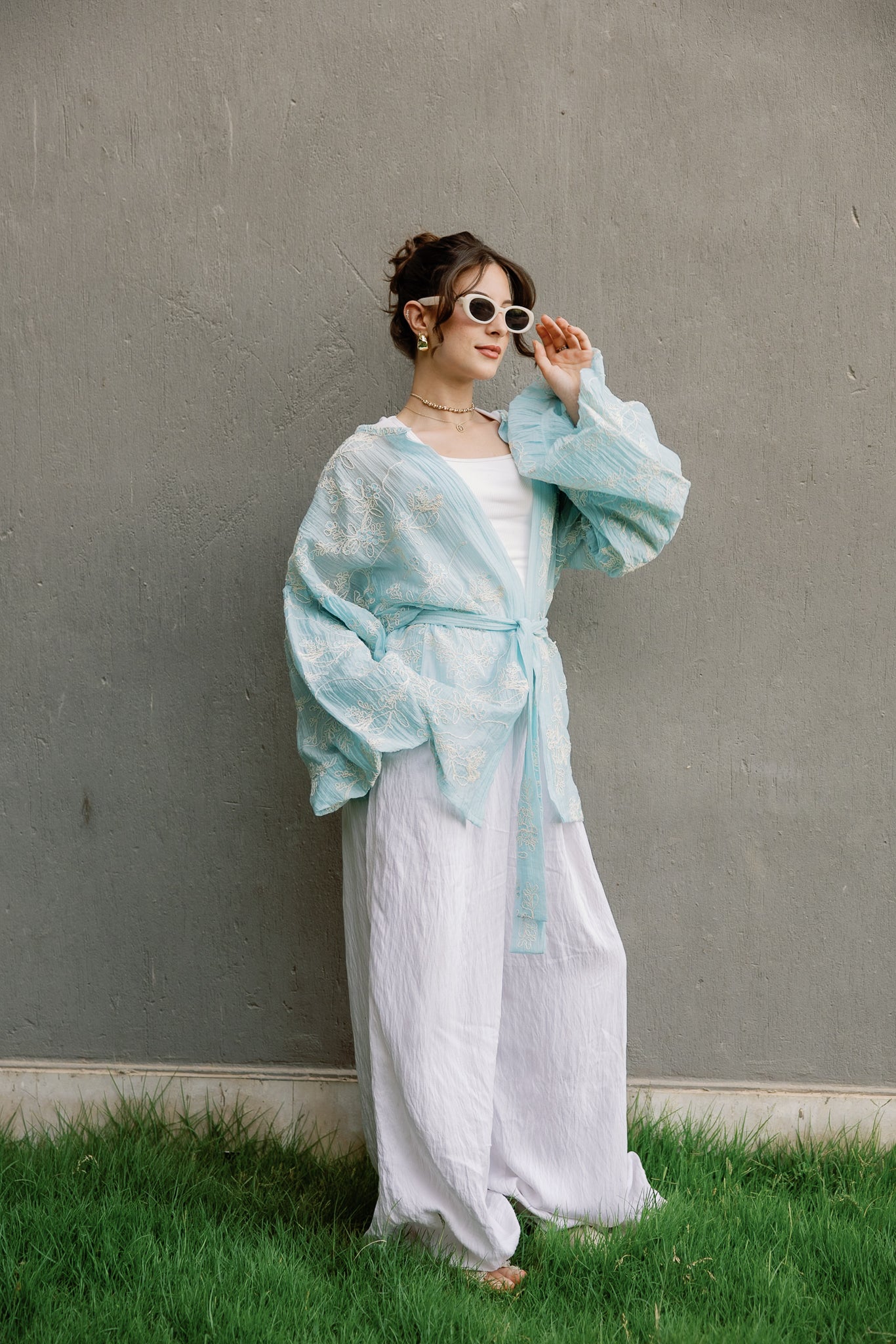 Puffy embroidered cardigan in Baby Blue