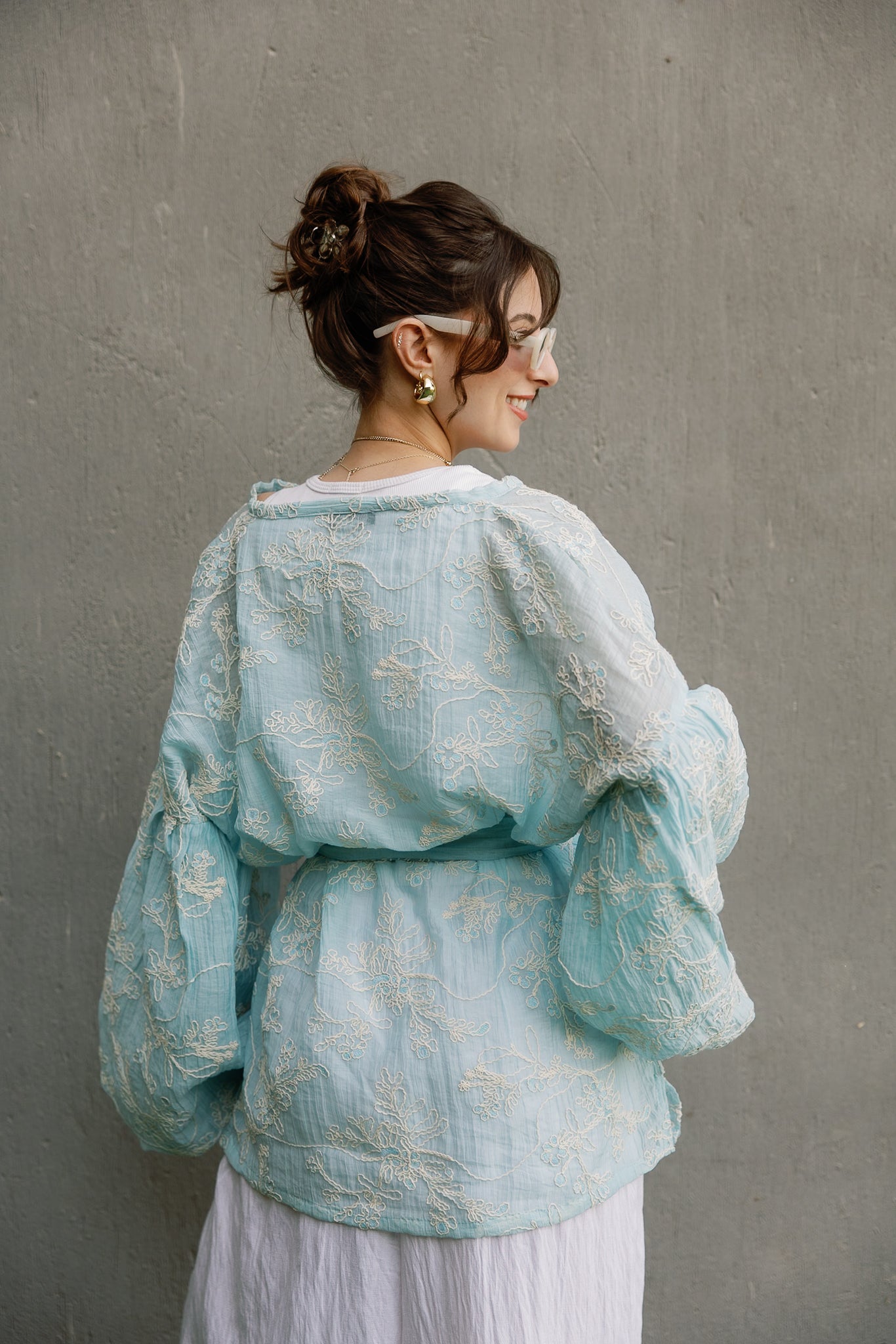 Puffy embroidered cardigan in Baby Blue