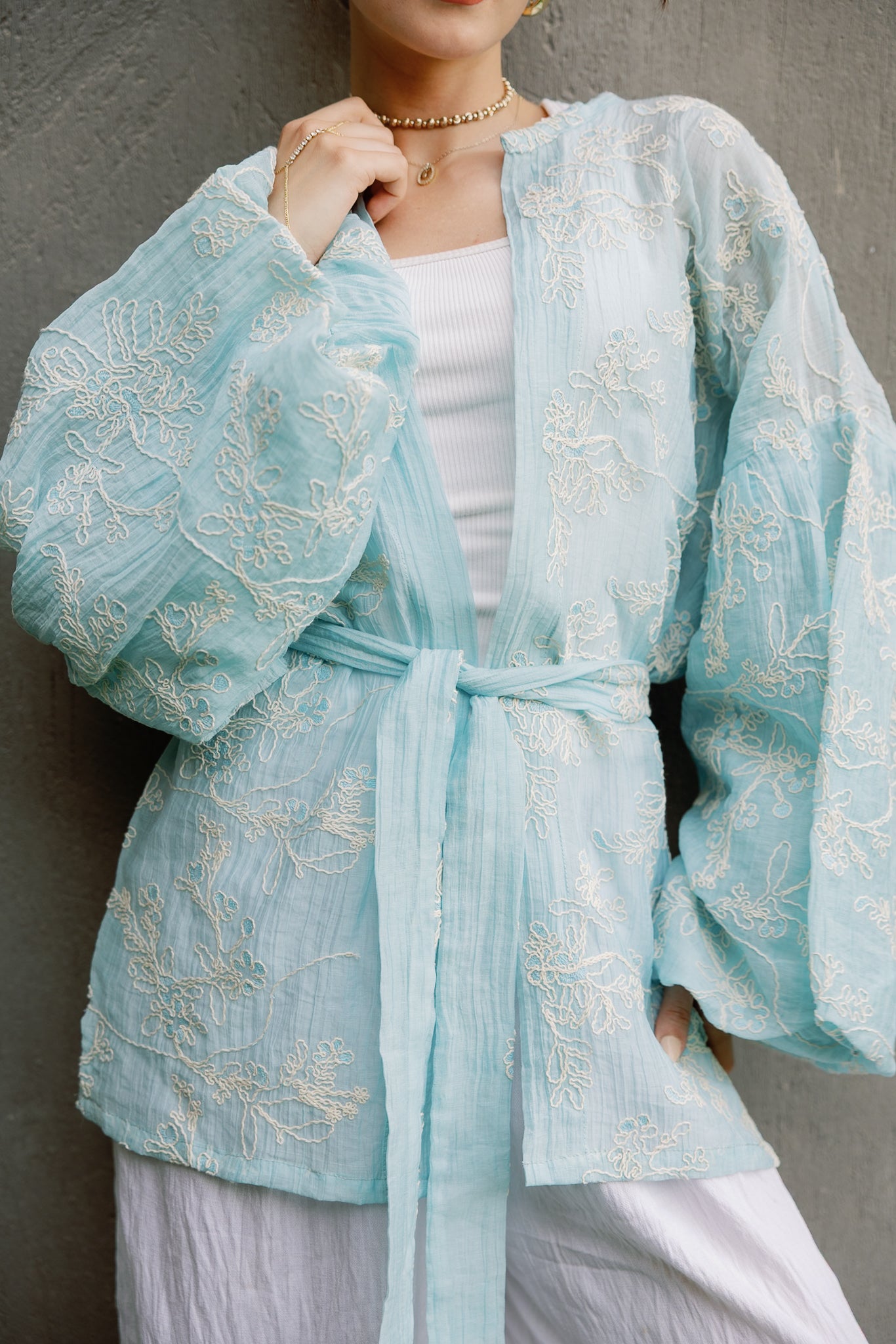 Puffy embroidered cardigan in Baby Blue