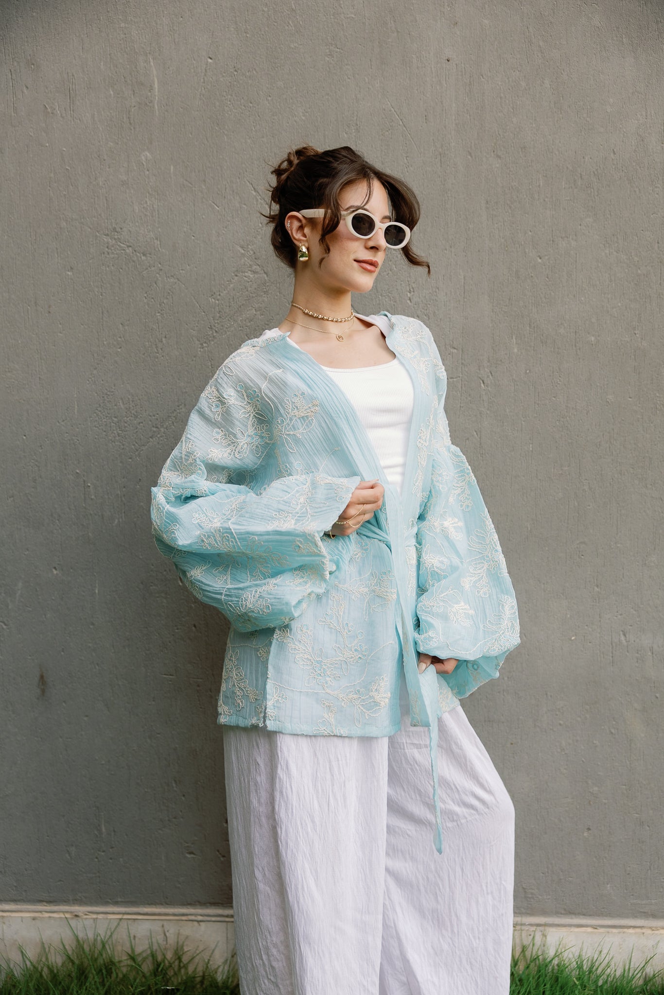 Puffy embroidered cardigan in Baby Blue