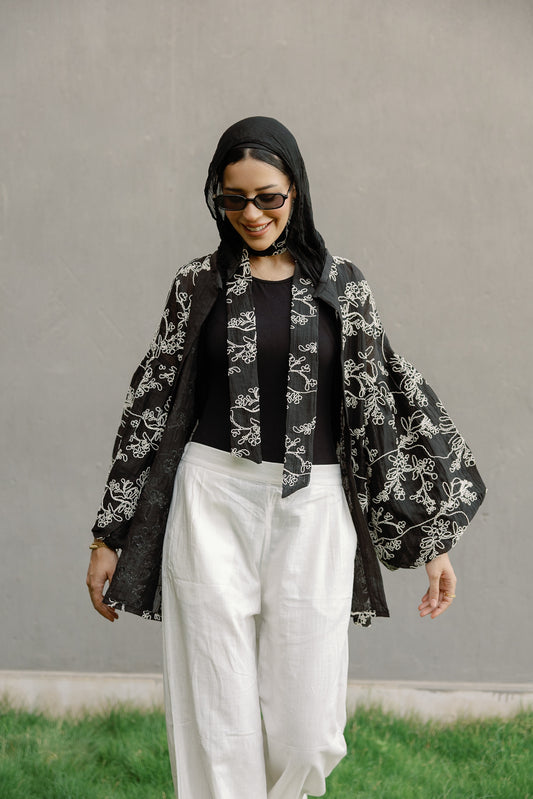Puffy embroidered cardigan in Black